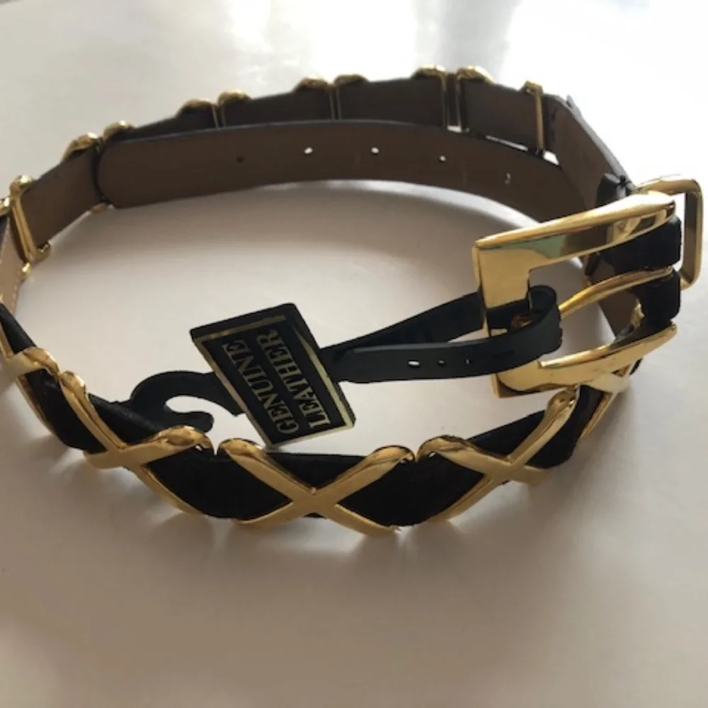 Brown suede leather fashion belt with gold accents